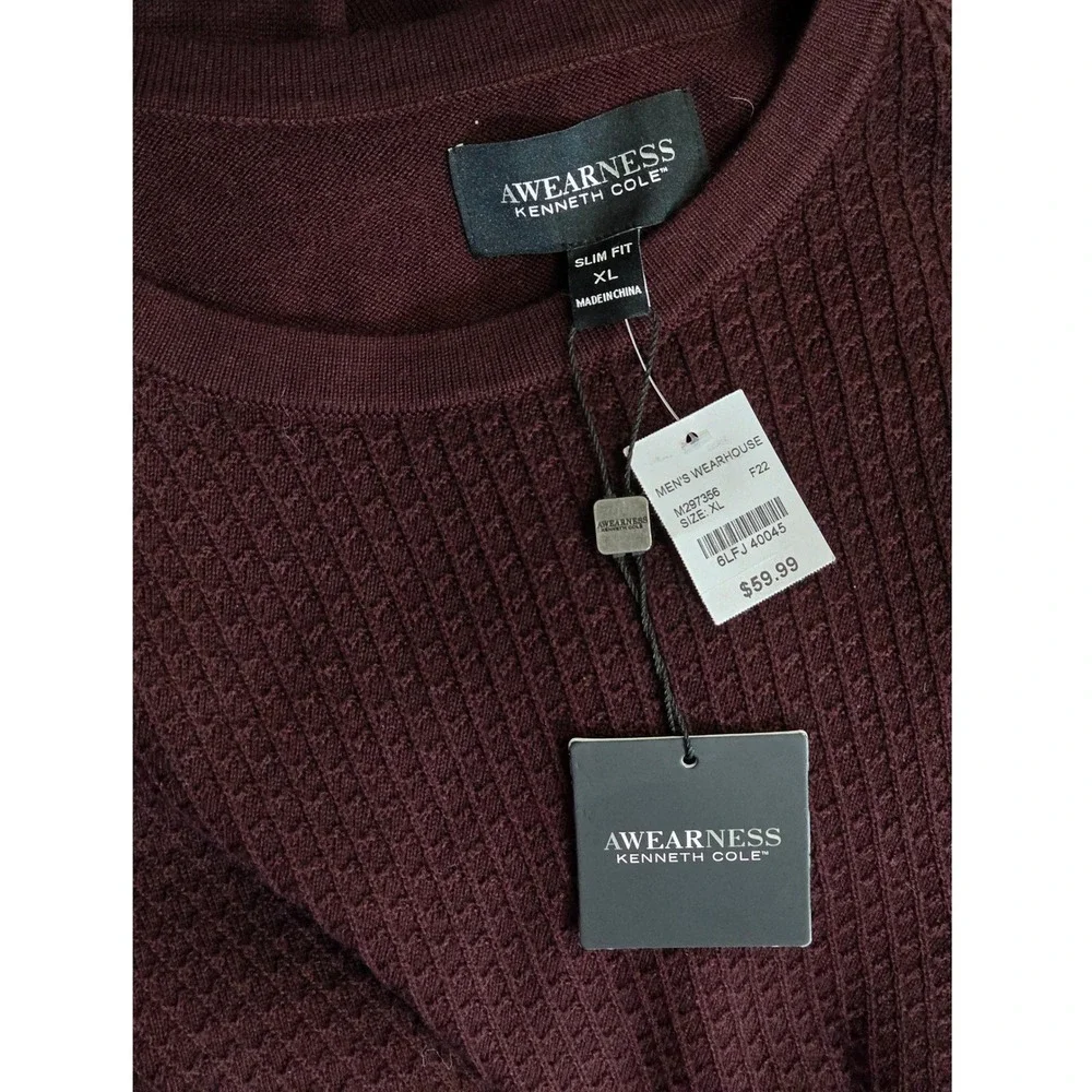 Awearness‎ Kenneth Cole Sweater Mens XL Burgundy NEW Slim Fit Textured Crewneck
